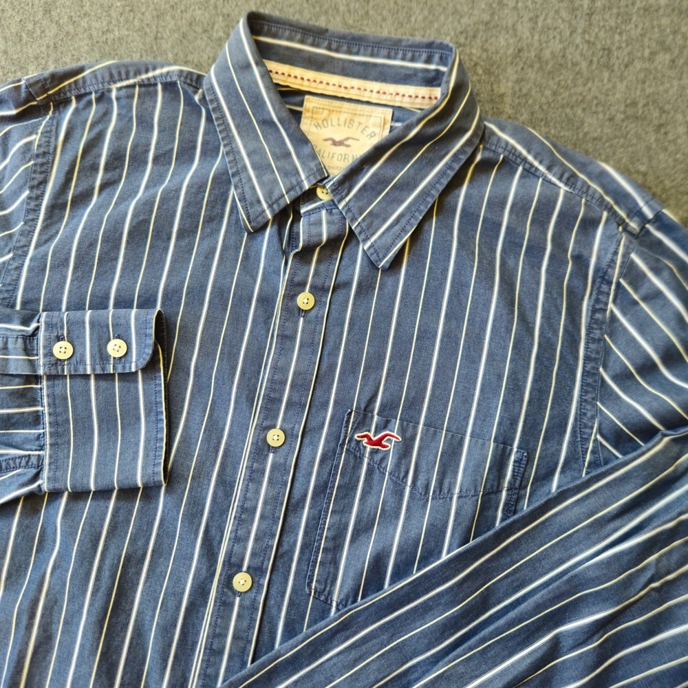 Hollister XL Stripe Button Down Shirt Logo Preppy Y2K California Surf Cotton EUC